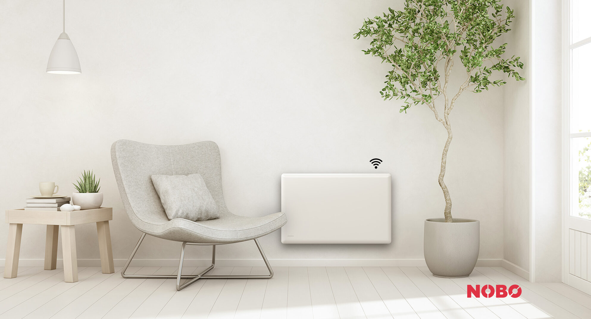 Θερμοπομπός NOBO NTL4R WiFi σε μοντέρνο σαλόνι με ξύλινο δάπεδο